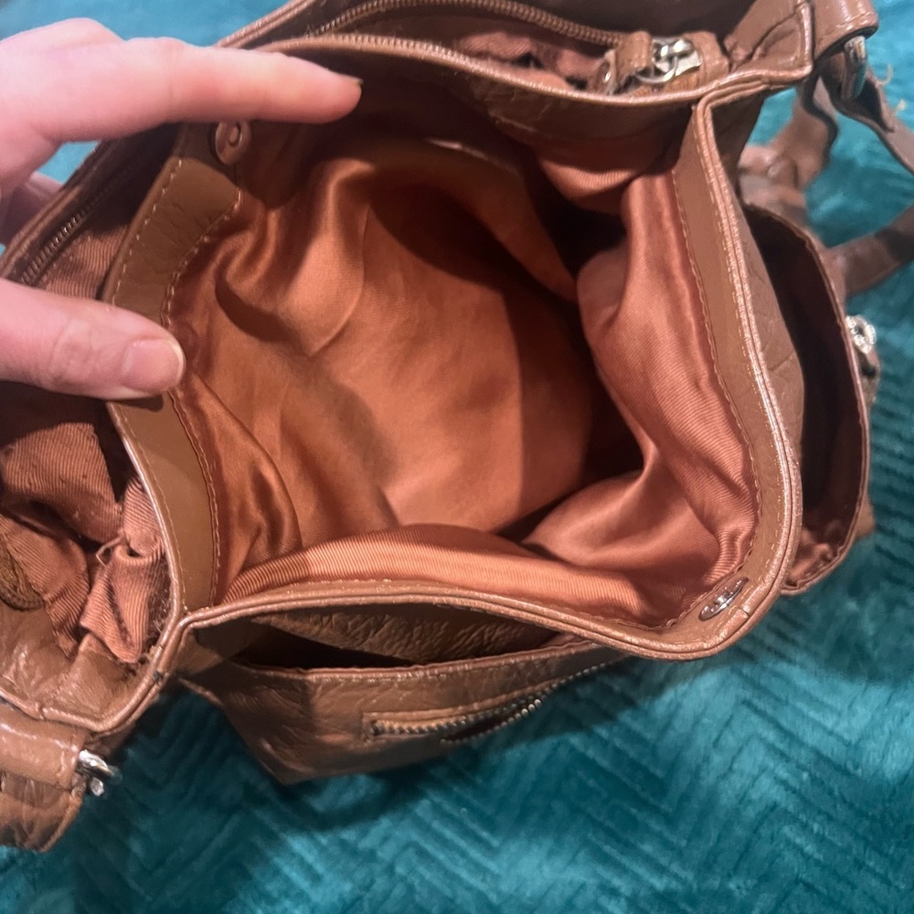Vintage Crossbody Bag Cognac Leather Multi Pocket Retro Adjustable Zip Closure - Picture 5 of 10